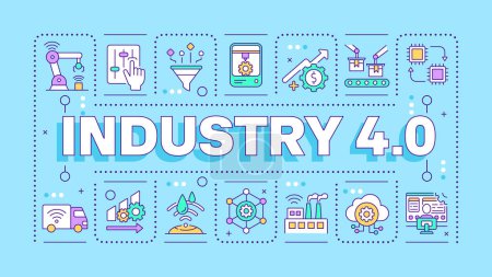Industry 4 light blue word concept. Fourth industrial revolution. Digital transformation. Typography banner. Vector illustration with title text, editable icons color. Hubot Sans font used