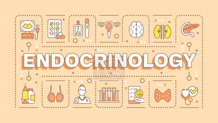 Endocrinology orange word concept. Endocrine system checkup. Diabetes management. Typography banner. Vector illustration with title text, editable icons color. Hubot Sans font used