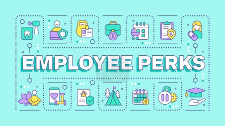 Employee perks turquoise word concept. Employee satisfaction and wellness. Parental leave. Typography banner. Vector illustration with title text, editable icons color. Hubot Sans font used
