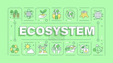 Ecosystem green word concept. Ecological system of living organisms. Nature protection. Typography banner. Vector illustration with title text, editable icons color. Hubot Sans font used