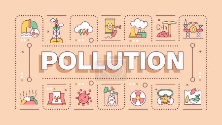 Pollution light brown word concept. Air and water contamination. Toxic waste. Carbon emissions. Typography banner. Vector illustration with title text, editable icons color. Hubot Sans font used