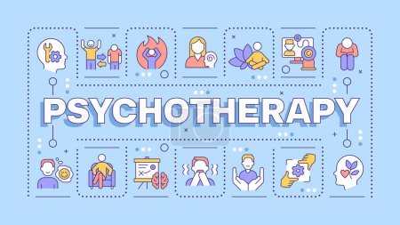Psychotherapy light blue word concept. Mental health. Therapy session. Online counseling. Typography banner. Vector illustration with title text, editable icons color. Hubot Sans font used