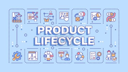 Product lifecycle light blue word concept. Product management. Product design and manufacturing. Typography banner. Vector illustration with title text, editable icons color. Hubot Sans font used