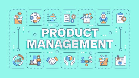Product management turquoise word concept. Product planning, development and launch. Typography banner. Vector illustration with title text, editable icons color. Hubot Sans font used