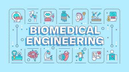 Biomedical engineering light blue word concept. Medical technologies. Biotechnology. Typography banner. Vector illustration with title text, editable icons color. Hubot Sans font used