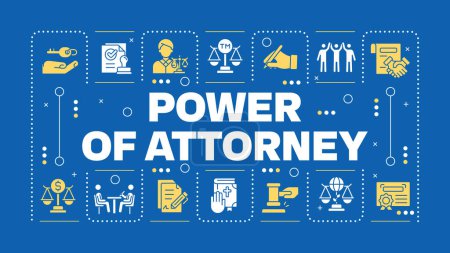 Power of attorney blue word concept. Legal document. Trusted person. Scales of justice. Visual communication. Vector art with lettering text, editable glyph icons. Hubot Sans font used