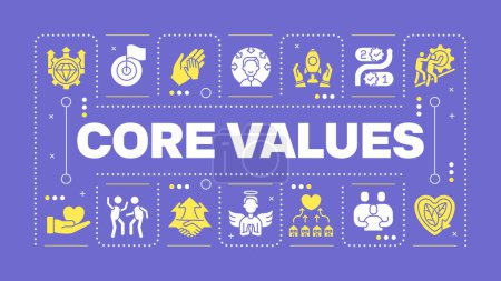Core values purple word concept. Company principles. Social responsibility. Business ethics. Visual communication. Vector art with lettering text, editable glyph icons. Hubot Sans font used