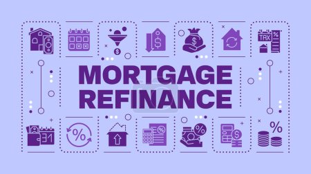 Mortgage refinancing light purple word concept. Interest rates. Financial planning. Debt consolidation. Visual communication. Vector art with lettering text, editable glyph icons. Hubot Sans font used
