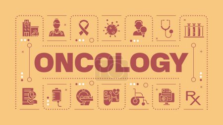Oncology orange word concept. Cancer diagnostic and treatment. Chemotherapy. Medical care. Visual communication. Vector art with lettering text, editable glyph icons. Hubot Sans font used