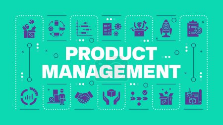 Product management green word concept. Product planning, development and launch. PLM. Visual communication. Vector art with lettering text, editable glyph icons. Hubot Sans font used
