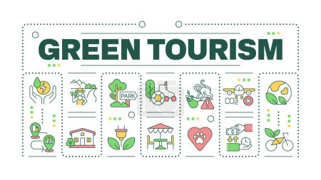 Green tourism word concept isolated on white. Wildlife protection. Nature conservation. Creative illustration banner surrounded by editable line colorful icons. Hubot Sans font used