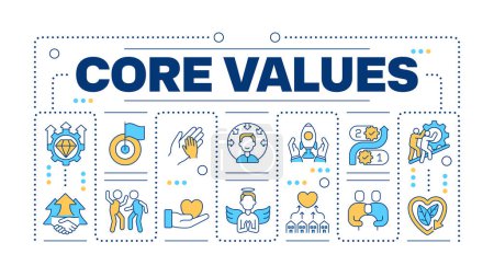 Core values word concept isolated on white. Company principles. Social responsibility. Business ethics. Creative illustration banner surrounded by editable line colorful icons. Hubot Sans font used