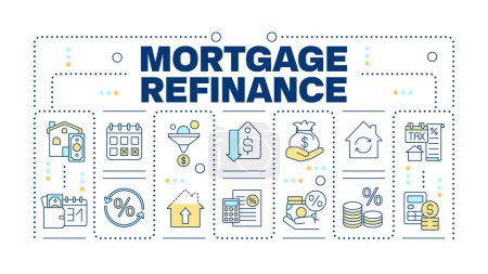 Mortgage refinancing word concept isolated on white. Financial planning. Debt consolidation. Creative illustration banner surrounded by editable line colorful icons. Hubot Sans font used