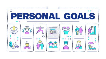 Personal goals word concept isolated on white. Self improvement. Career advancement. Goal setting. Creative illustration banner surrounded by editable line colorful icons. Hubot Sans font used
