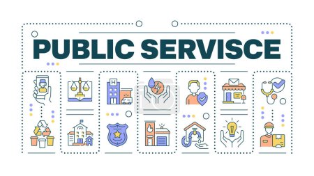 Public service word concept isolated on white. Government services. Law enforcement and healthcare. Creative illustration banner surrounded by editable line colorful icons. Hubot Sans font used