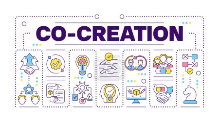 Illustration for Co-creation word concept isolated on white. Teamwork collaboration. Creative process. Product design. Creative illustration banner surrounded by editable line colorful icons. Hubot Sans font used - Royalty Free Image