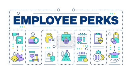 Employee perks word concept isolated on white. Employee satisfaction and wellness. Parental leave. Creative illustration banner surrounded by editable line colorful icons. Hubot Sans font used