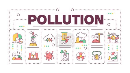 Pollution word concept isolated on white. Air and water contamination. Toxic waste. Carbon emissions. Creative illustration banner surrounded by editable line colorful icons. Hubot Sans font used
