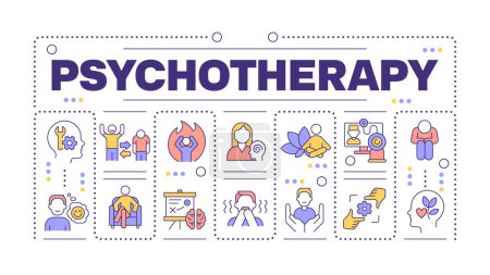 Psychotherapy word concept isolated on white. Mental health. Therapy session. Online counseling. Creative illustration banner surrounded by editable line colorful icons. Hubot Sans font used