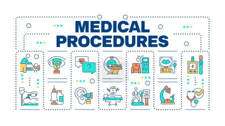 Medical procedures word concept isolated on white. Health checkup. Medical diagnostics and treatment. Creative illustration banner surrounded by editable line colorful icons. Hubot Sans font used