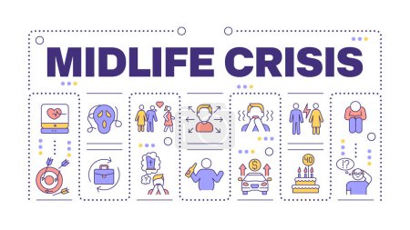Midlife crisis word concept isolated on white. Self reflection. Health issues. Depression and anxiety. Creative illustration banner surrounded by editable line colorful icons. Hubot Sans font used