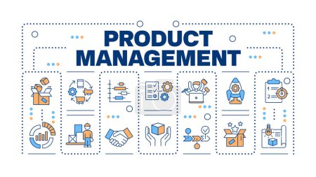 Product management word concept isolated on white. Product planning, development and launch. Creative illustration banner surrounded by editable line colorful icons. Hubot Sans font used