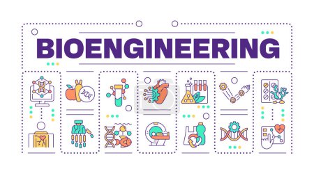 Bioengineering word concept isolated on white. Genetic engineering. Medical devices. DNA. Bioinformatics. Creative illustration banner surrounded by editable line colorful icons. Hubot Sans font used