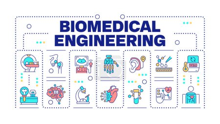 Biomedical engineering word concept isolated on white. Medical technologies. Biotechnology. Creative illustration banner surrounded by editable line colorful icons. Hubot Sans font used