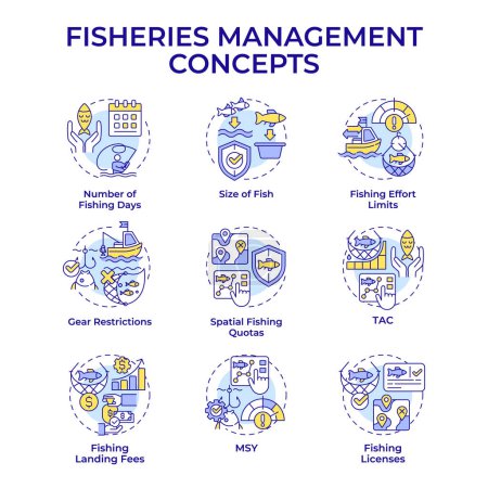 Fisheries management multi color concept icons. Marine ecosystem, seafood production. Icon pack. Vector images. Round shape illustrations for infographic, presentation. Abstract idea