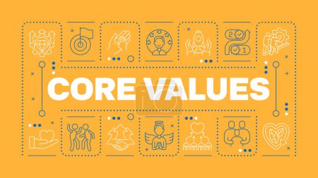 Core values orange word concept. Company principles. Social responsibility. Business ethics. Horizontal vector image. Headline text surrounded by editable outline icons. Hubot Sans font used