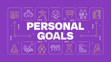 Personal goals purple word concept. Self improvement. Career advancement. Goal setting. Horizontal vector image. Headline text surrounded by editable outline icons. Hubot Sans font used