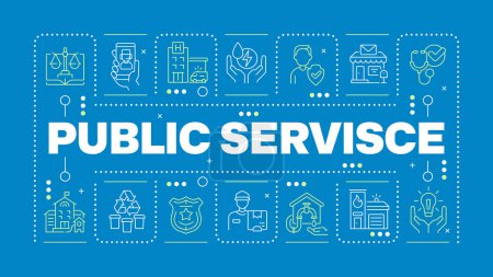 Public service blue word concept. Government services. Law enforcement and healthcare. Horizontal vector image. Headline text surrounded by editable outline icons. Hubot Sans font used