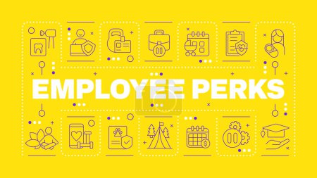 Employee perks yellow word concept. Employee satisfaction and wellness. Parental leave. Horizontal vector image. Headline text surrounded by editable outline icons. Hubot Sans font used