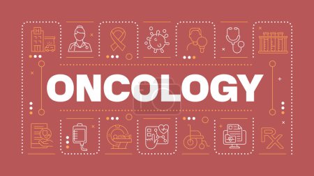 Oncology red word concept. Cancer diagnostic and treatment. Chemotherapy. Medical care. Horizontal vector image. Headline text surrounded by editable outline icons. Hubot Sans font used