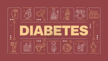 Diabetes dark red word concept. Chronic illness. Symptoms and treatment. Blood glucose levels. Horizontal vector image. Headline text surrounded by editable outline icons. Hubot Sans font used