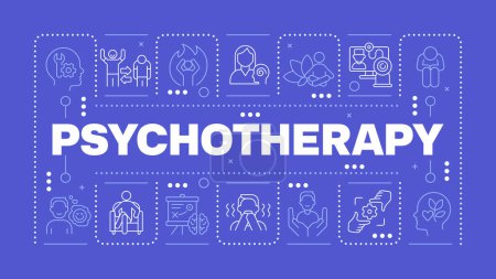 Psychotherapy blue word concept. Mental health. Therapy session. Online counseling. Horizontal vector image. Headline text surrounded by editable outline icons. Hubot Sans font used