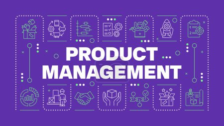 Product management purple word concept. Product planning, development and launch. PLM. Horizontal vector image. Headline text surrounded by editable outline icons. Hubot Sans font used