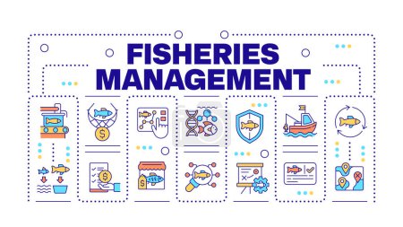 Fisheries management word concept isolated on white. Vessel registry, monitoring. Fishing aquaculture. Creative illustration banner surrounded by editable line colorful icons. Hubot Sans font used