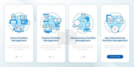 Portfolio organization types blue onboarding mobile app screen. Walkthrough 4 steps editable graphic instructions with linear concepts. UI, UX, GUI template. Montserrat SemiBold, Regular fonts used