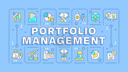 Portfolio management blue word concept. Stock investing, financial diversification. Typography banner. Vector illustration with title text, editable icons color. Hubot Sans font used