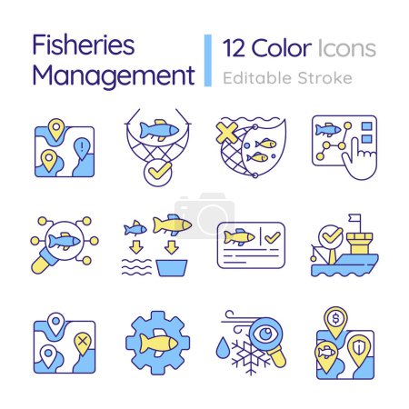 Fisheries management RGB color icons set. Fishing restriction, vessel registration. Fishery policy. Isolated vector illustrations. Simple filled line drawings collection. Editable stroke