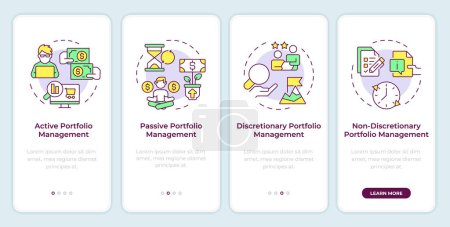 Types of portfolio management onboarding mobile app screen. Walkthrough 4 steps editable graphic instructions with linear concepts. UI, UX, GUI template. Montserrat SemiBold, Regular fonts used