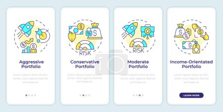 Portfolio management strategies onboarding mobile app screen. Walkthrough 4 steps editable graphic instructions with linear concepts. UI, UX, GUI template. Montserrat SemiBold, Regular fonts used