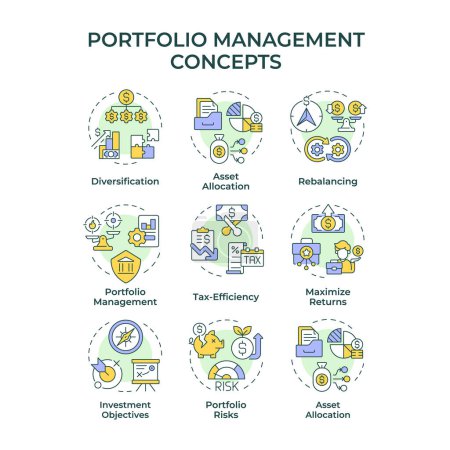 Portfolio management multi color concept icons. Investment allocation, interest payment. Icon pack. Vector images. Round shape illustrations for infographic, presentation. Abstract idea