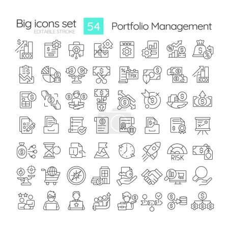 Portfolio management linear icons set. Long term investments. Market condition, return potential. Customizable thin line symbols. Isolated vector outline illustrations. Editable stroke