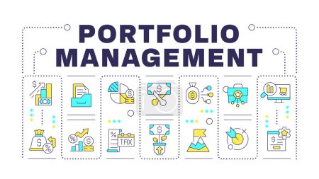 Portfolio management word concept isolated on white. Stocks documentation, income generation. Creative illustration banner surrounded by editable line colorful icons. Hubot Sans font used