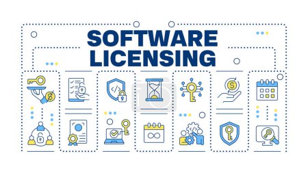 Illustration for Software licensing word concept isolated on white. Public license, open source. Pricing fee. Creative illustration banner surrounded by editable line colorful icons. Hubot Sans font used - Royalty Free Image