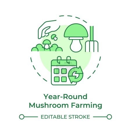 Year-round mushroom farming soft green concept icon. Mushroom cultivation benefit. Short growth cycle.  Round shape line illustration. Abstract idea. Graphic design. Easy to use in article