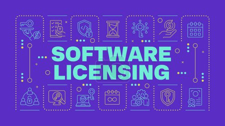 Software licensing purple word concept. Code protection. Public license, pricing plan. Horizontal vector image. Headline text surrounded by editable outline icons. Hubot Sans font used