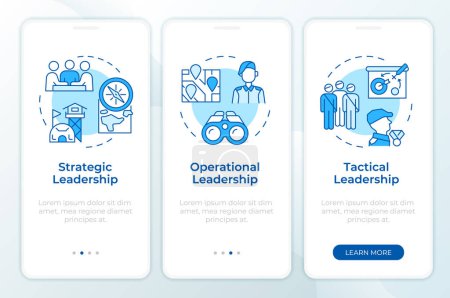 Army leadership organization blue onboarding mobile app screen. Walkthrough 3 steps editable graphic instructions with linear concepts. UI, UX, GUI template. Montserrat SemiBold, Regular fonts used